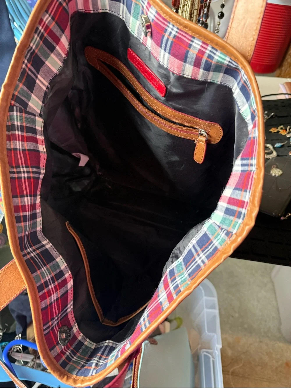Tommy Hilfiger Plaid Tote Bag with Brown Leather Handles